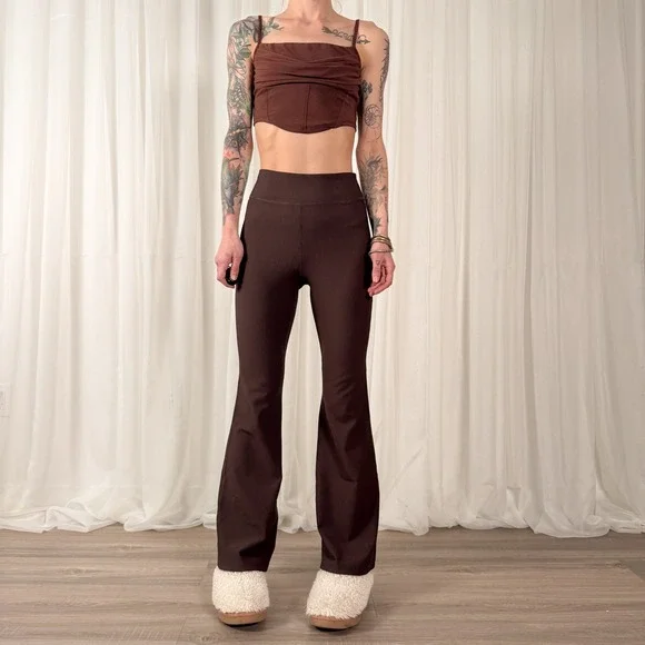 Brown Flare Leggings High Rise Ribbed Yoga Pants Bootcut Activewear M/L - Picture 1 of 6